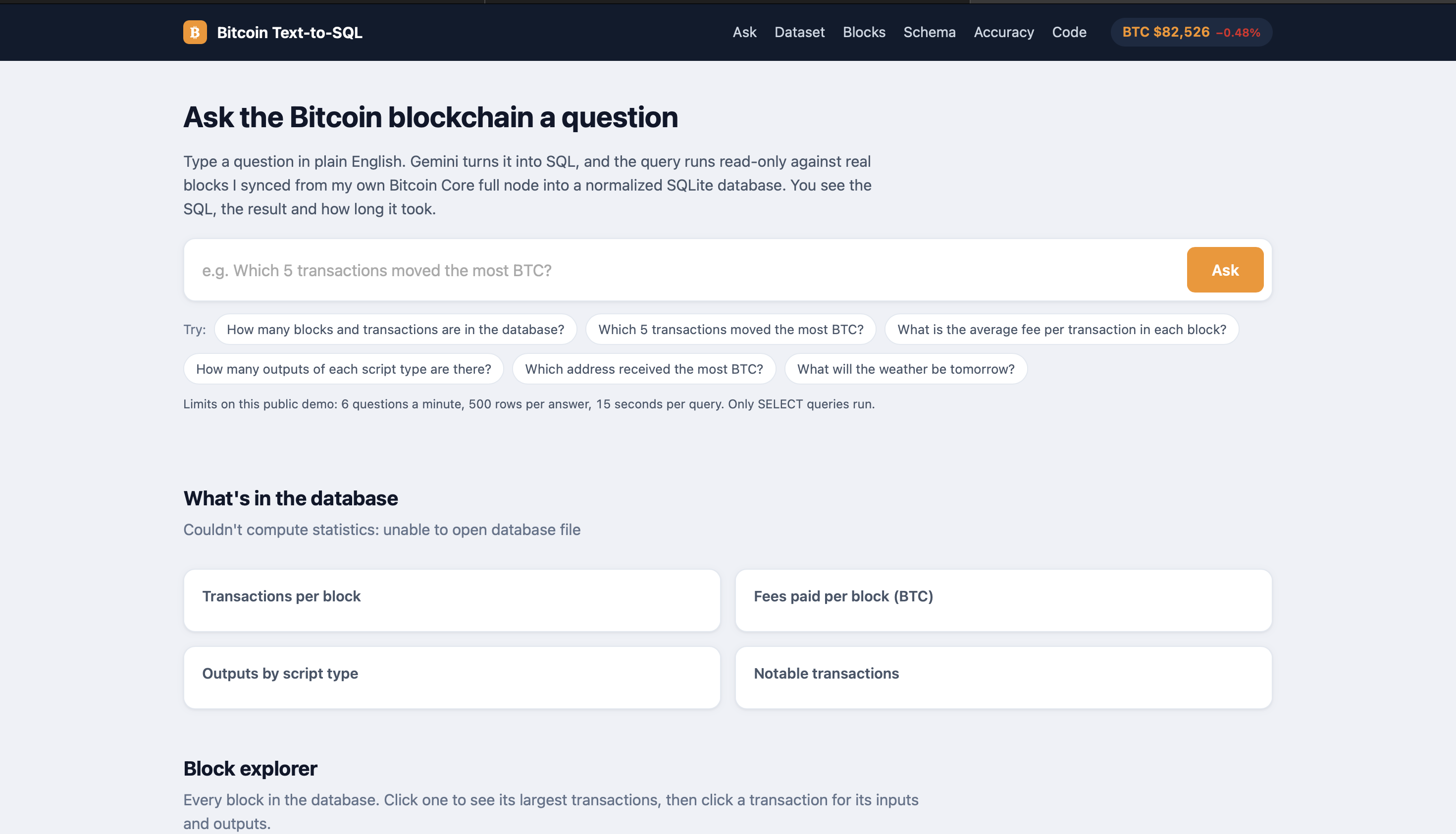 Screenshot of Bitcoin Text-to-SQL